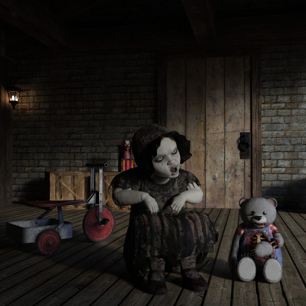 ghoulish doll and teddy bear in attic