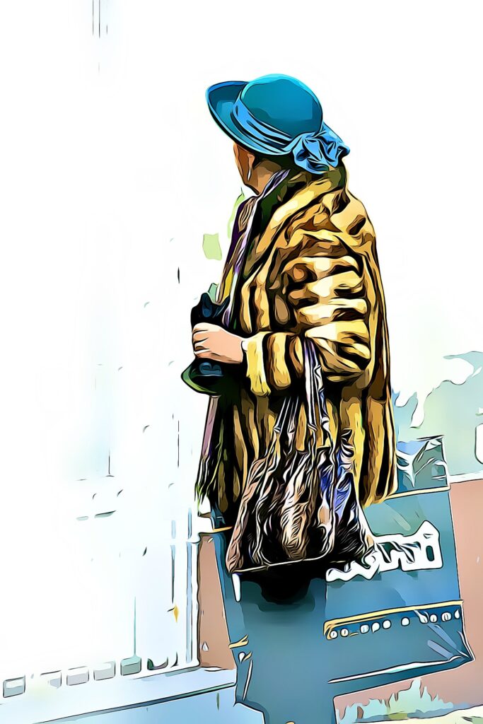 Elderly lady in a fur coat shopping