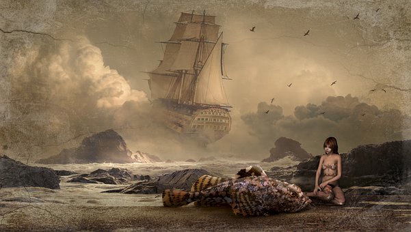 A sailing ship sailing into clouds, with a large fish and a girl on a pebbled beach