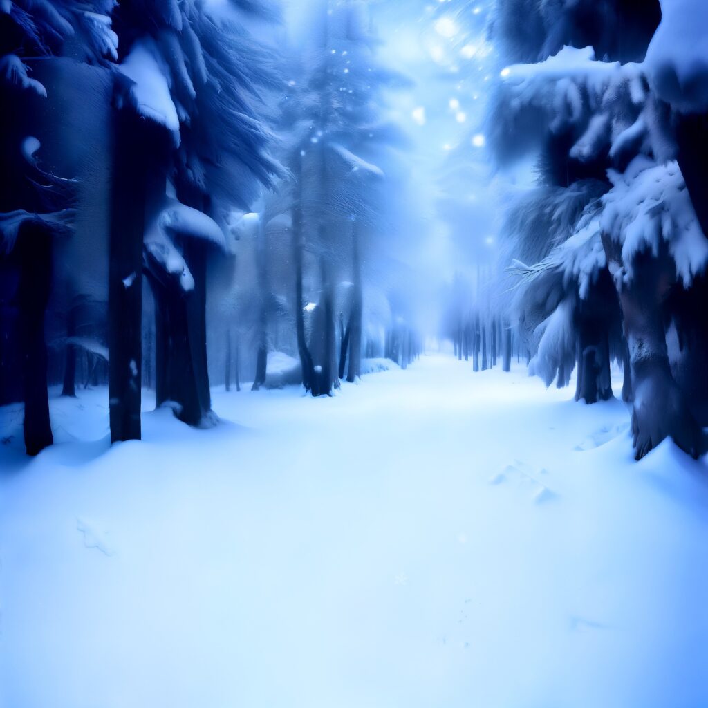 Snowy path in a pine forest