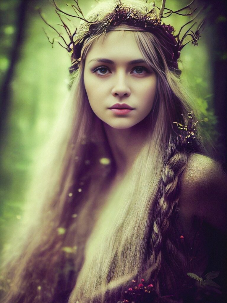 young girl with headdress of leaves