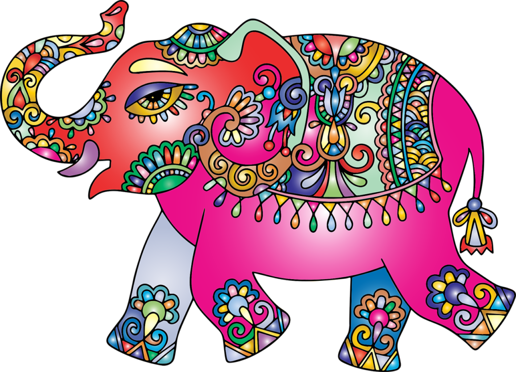 a highly decorated painted elephant