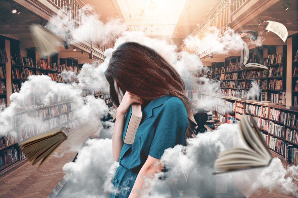Woman in library with clouds