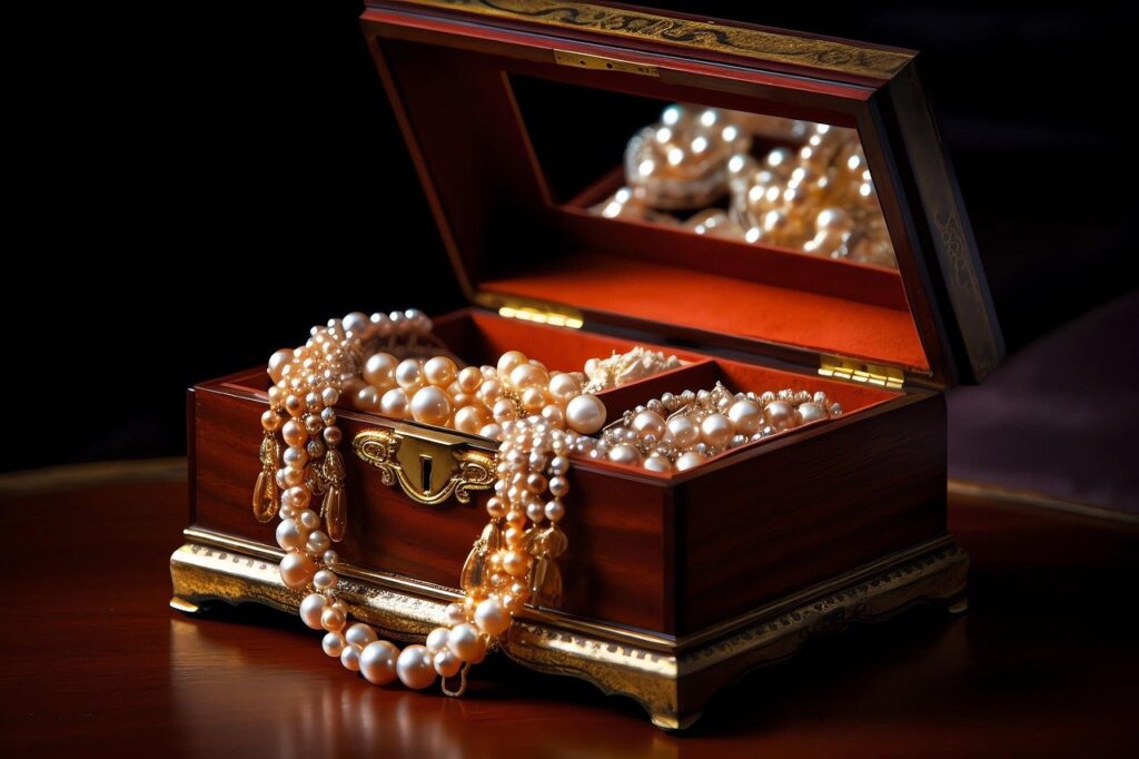 pearls spilling from a wooden jewellery box