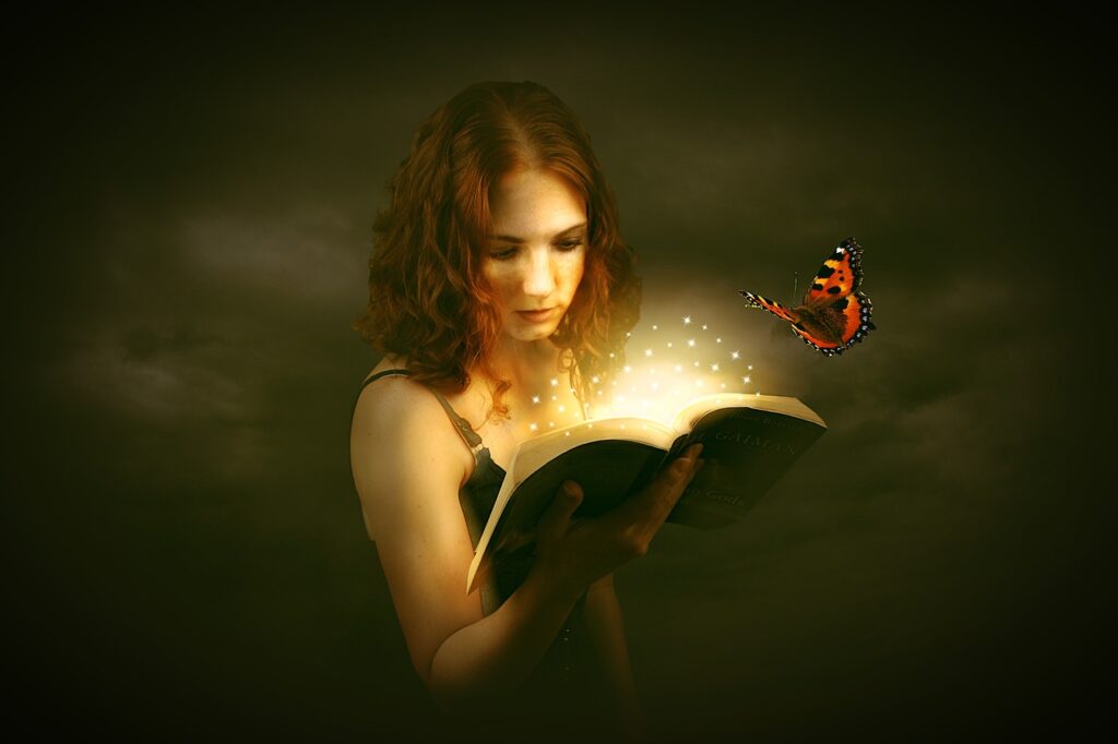woman reading a magical book