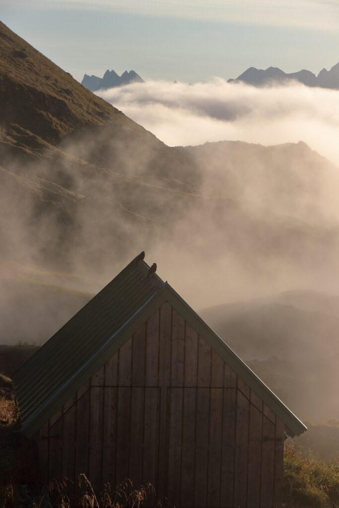 mountain hut in fog