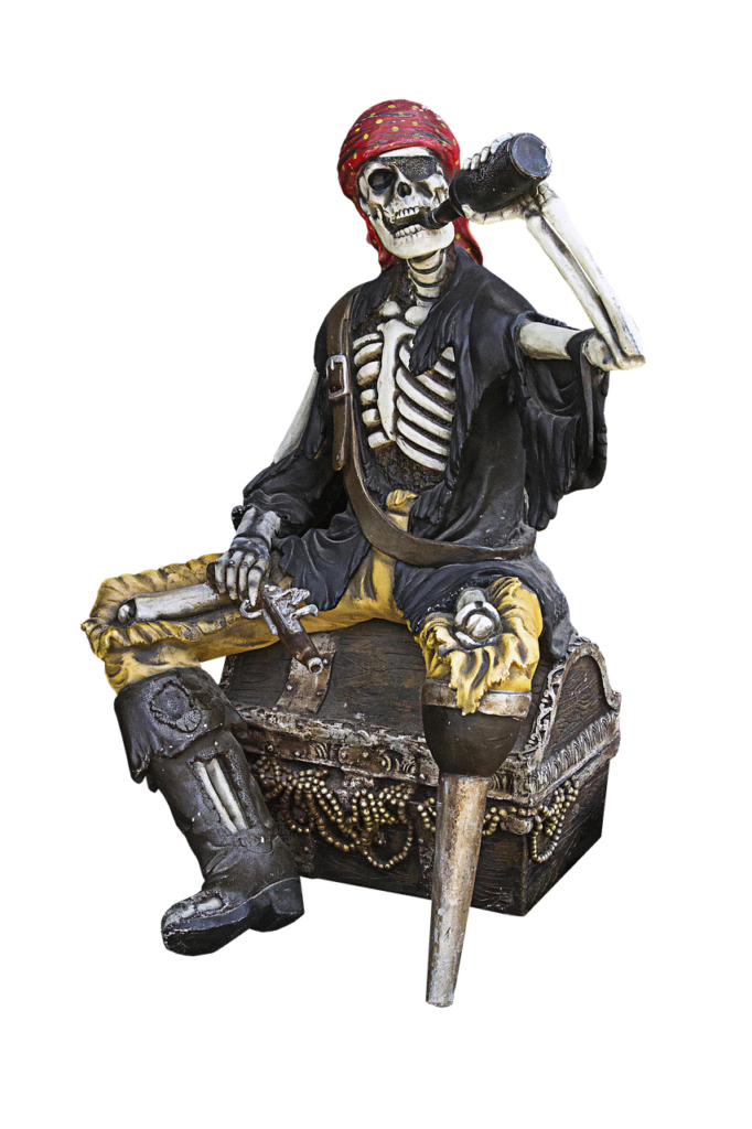 a skeletal pirate at a party