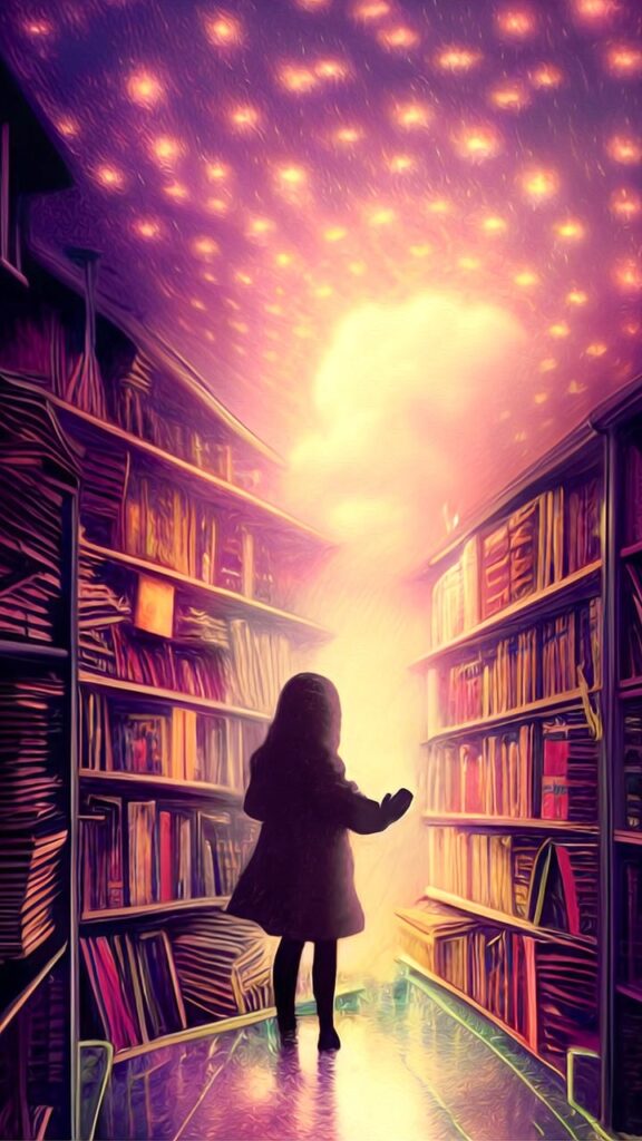 A woman in a library with glowing lights