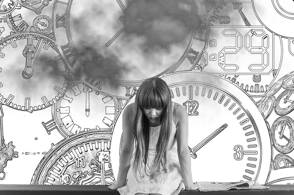 young girl and clocks 