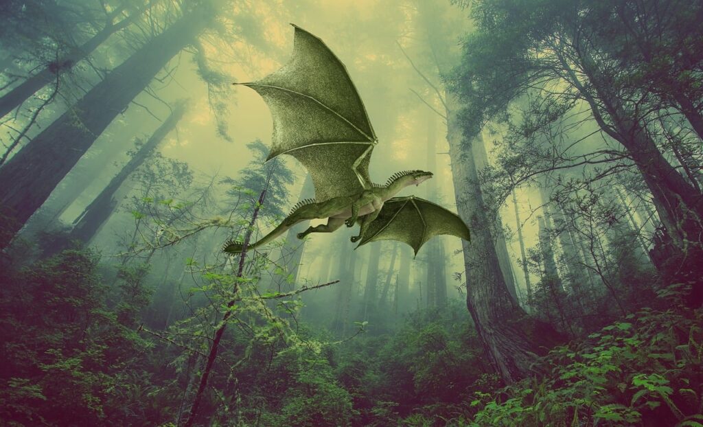 Dragon flying through a forest