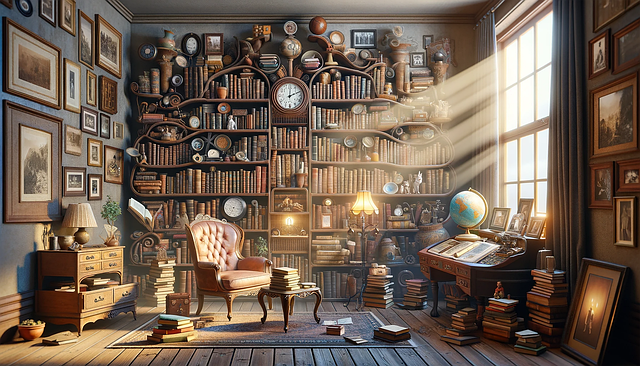 a study with bookshelves and sunlight through a window