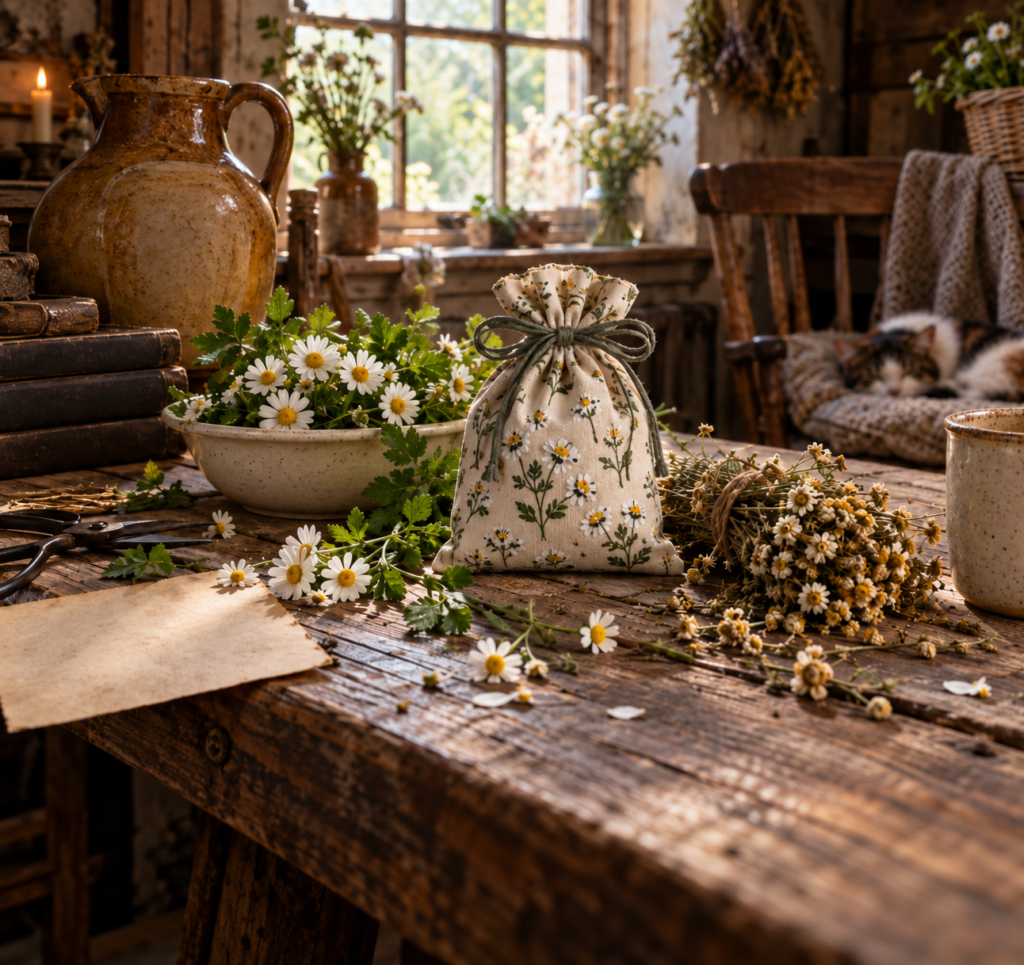 A pouch sitting on a rough table with fresh and dried feverfew
